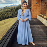 Diynav Long Blue V-Neck Evening Dresses A-Line Chiffon Pleated Ankle Length Prom Dress HZ1017