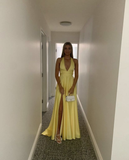 Diynav Yellow Satin Long Evening Dresses with Side Slit Formal Party Dress HZ1017