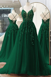Diynav V Neck Green Lace Floral Long Prom Dresses, A Line Tulle Formal Evening Dresses HZ1017