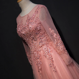 Diynav A-LINE SCOOP FLOOR LENGTH PINK TULLE APPLIQUE PROM DRESS EVENING DRESS HZ1017