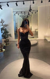 Diynav Black Mermaid V-neck Spaghetti Straps Sequins Long Evening Dresses HZ1017