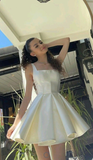 Diynav A Line Straps Ivory Satin Short Homecoming Dress Birthday Dress HZ1017