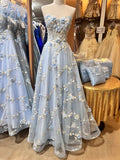 Blue A-Line Sweetheart Tulle Appliques Long Prom Dress, Strapless Evening Dress HZ1108