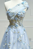 Blue A-Line Sweetheart Tulle Appliques Long Prom Dress, Strapless Evening Dress HZ1108