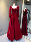 Diynav A Line Red Velvet Prom Dress Sweatheart Party Dress Brithday Ball Gown HZ1017
