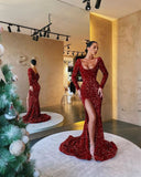 Diynav Mermaid Scoop Neck Long Sleeves Dark Red Sequin Long Prom Evening Dresses HZ1017