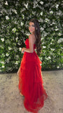 Diynav Backless Red Evening Dresses Tulle Ruffled HZ1017
