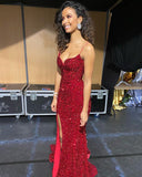 Diynav Mermaid Sweetheart Red Sequins Long Prom Evening Dresses with Split HZ1017