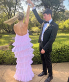 Diynav Halter Pink Layered Long Prom Evening Dresses,Chic Formal Gown HZ1017