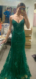 Diynav Mermaid Spaghetti Straps Prom Dresses Green Appliques Evening Dresses HZ1017