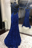 Diynav Sequins Long Prom Dresses, Royal Blue Backless Evening Dresses HZ1017