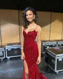 Diynav Mermaid Sweetheart Red Sequins Long Prom Evening Dresses with Split HZ1017