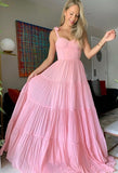 Diynav Pink Chiffon Long Prom Dresses,A-Line Evening Gown,Pleated Ruffles Party Dresses HZ1017