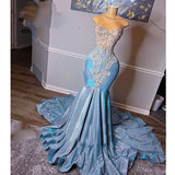 Diynav blue prom dresses, crystal evening dresses, sequins evening gowns, mermaid prom dresses, court train evening dresses HZ1017
