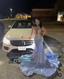 Diynav Mermaid Blue Sequins Evening Dresses For Black Girls HZ1017