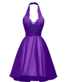 Diynav Deep V Neck Satin Appliques Purple Backless Pleated A Line Homecoming Dresses HZ1017