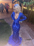 Diynav Royal Blue Sequin Long Sleeves Mermaid Evening Dresses HZ1017