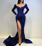Diynav Sequins Evening Dresses With Long Sleeves Mermaid High Split Mermaid Prom Dress Party Gown HZ1017