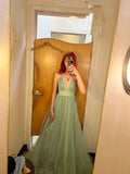 Diynav A-line Green V Neck Long Prom Dress Sleeveless Evening Dress HZ1017