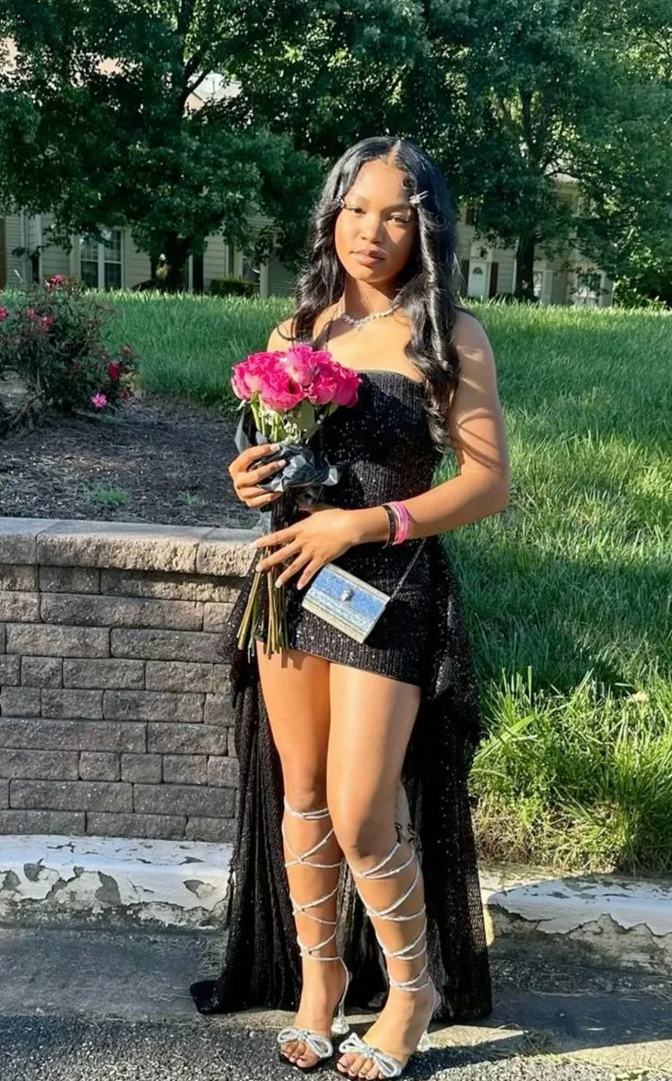 Diynav Black Sequin Strapless Homecoming Dress Short Prom Dress With Train HZ1017