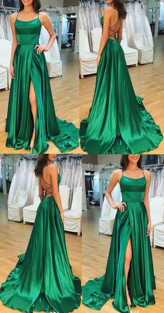 Diynav Straps Open Back Prom Dress Satin Formal Evening Gown HZ1017