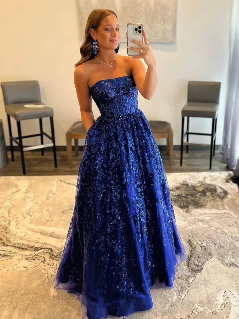 Diynav A line tulle sequin long prom dress, blue tulle evening dress HZ1017