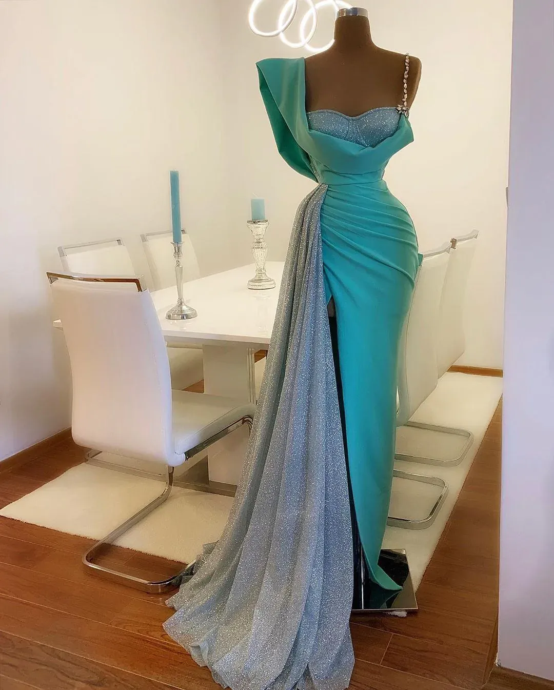 Diynav Mermaid Prom Dresses With High Side Split Glitter Satin Real Image Sweep Train robe de soir??|e de mariage Evening Dress HZ1017