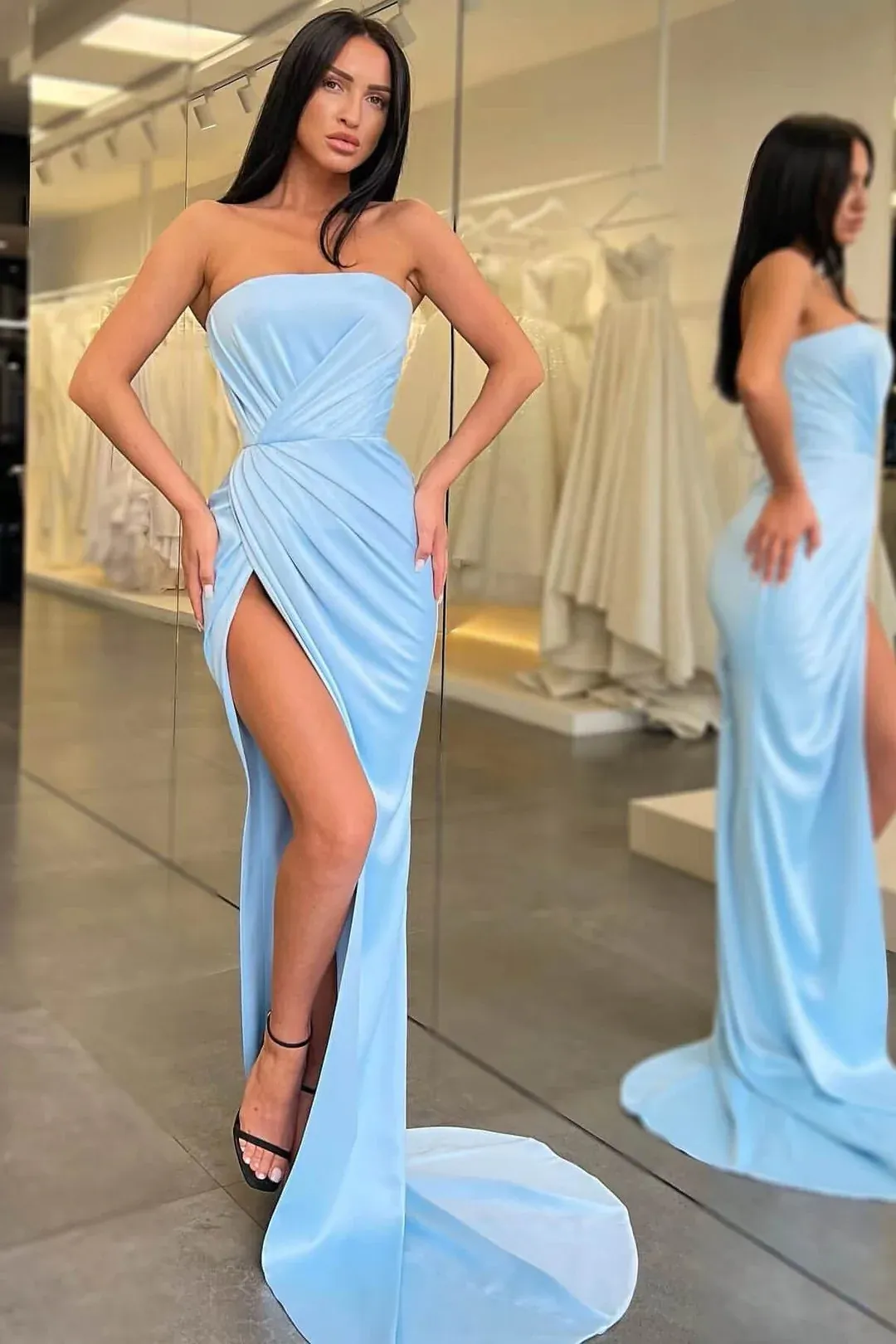 Diynav Blue Long Mermaid Evening Dress Strapless Split HZ1017