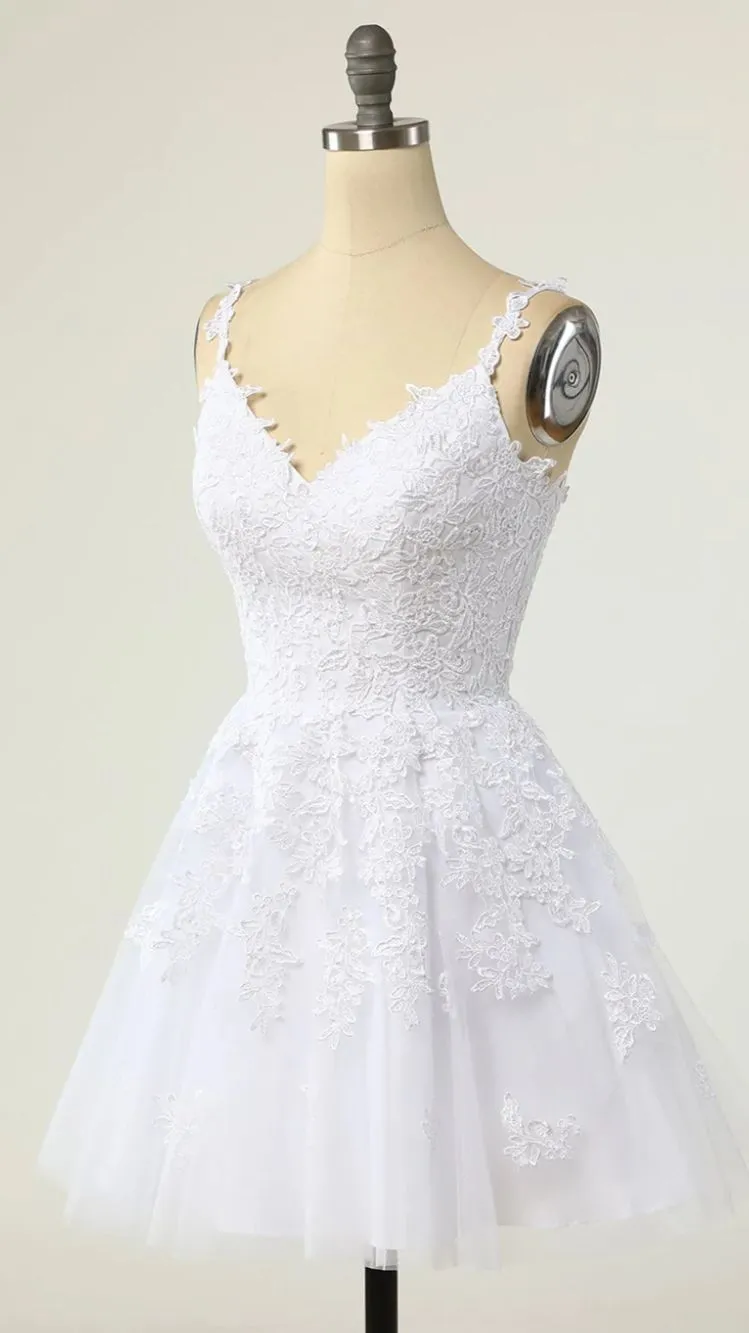 Diynav Neck White Lace Short Homecoming Dresses, White Lace Formal Graduation Dresses HZ1017