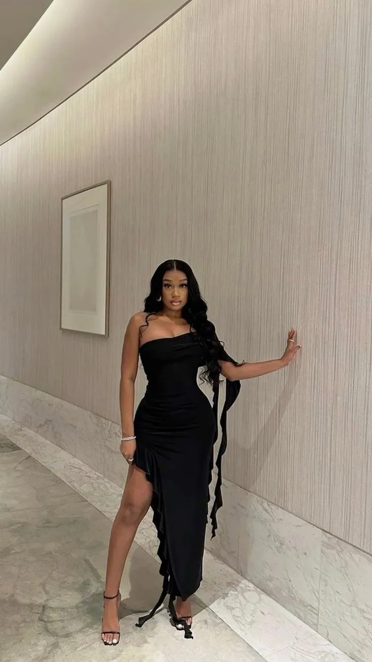 Diynav Shoulder Black Evening Dress,Chic Black Maxi Dress HZ1017