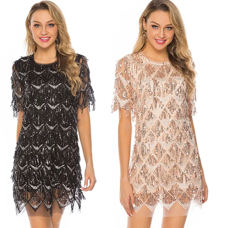 Diynav Temperament Black Tidal Lysion Sexy Loose Round-Neck Short-Sleeved Party Dress Dress Woman