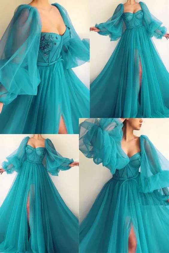 Diynav Sleeve Prom Dresses Side Slit A Line Evening Gowns HZ1017 - Image 2