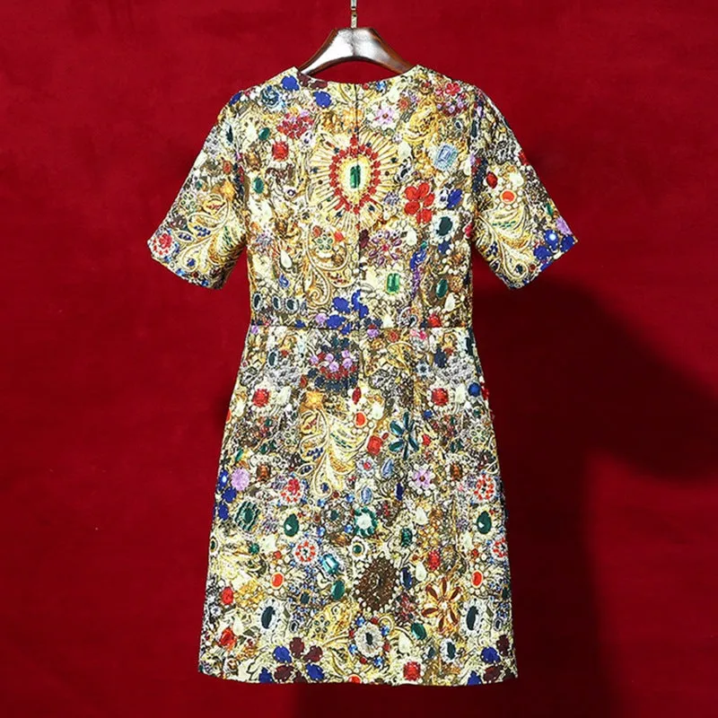 Diynav Retro Court Wind And Heavy Industry Luxury Diamond Jaclace Round Short Sleeves Loose Casual Dress