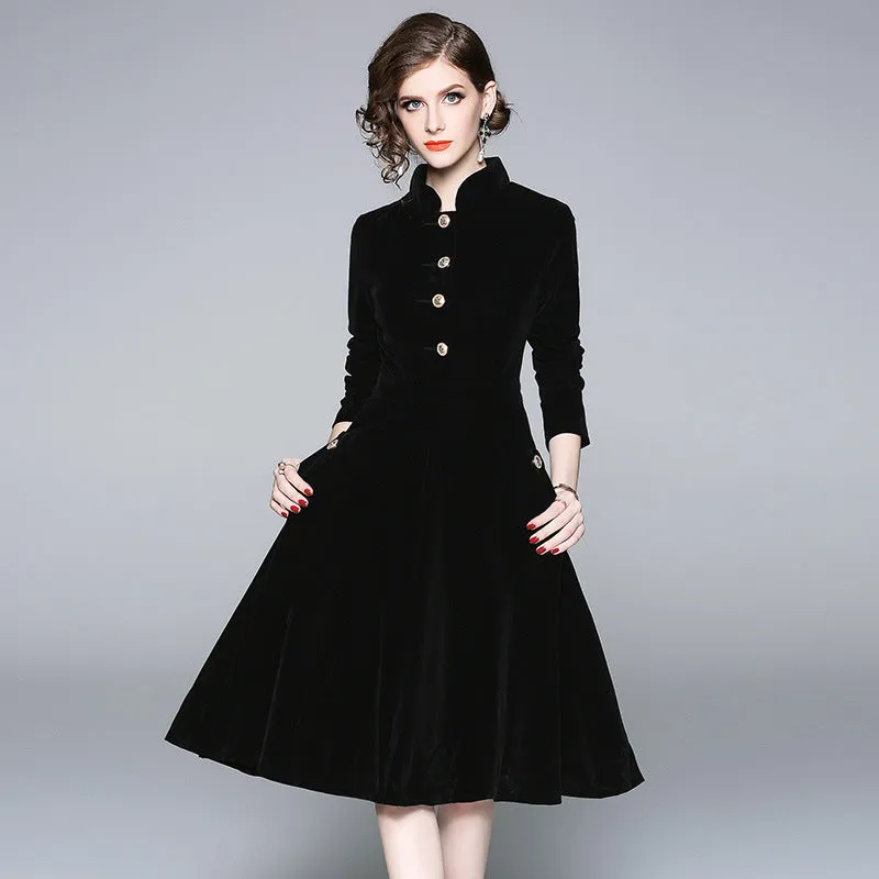 Diynav Hepburn Wind Collared Gold Velvet Dress Lady 2025 Autumn And Winter Dress In The Long Temperament Coat