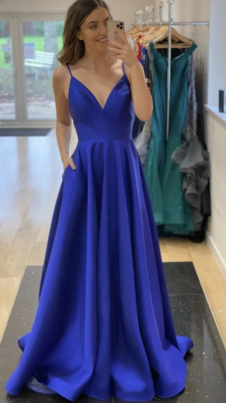 Diynav V Neck Royal Blue Satin Evening Dress Graduation Dress HZ1017