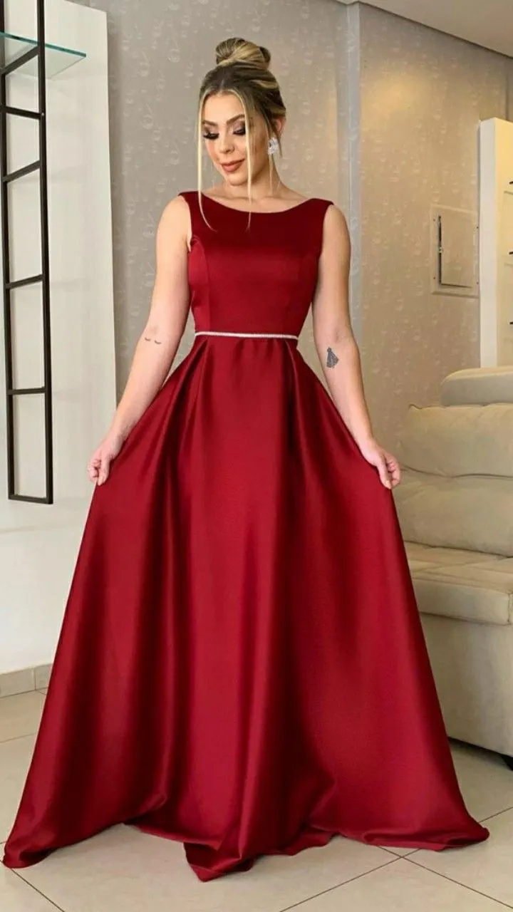 Diynav Women's Scoop Satin Prom Dresses Long Burgundy Formal Evening Gowns for Wedding HZ1017