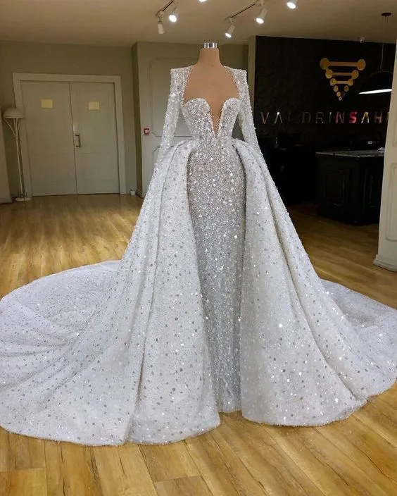 Diynav Sweetheart Plus Size Mermaid Wedding Dresses With Trains Beaded Sequin Long Sleeve Bridal Gowns New Arrival Prom Dress HZ1017
