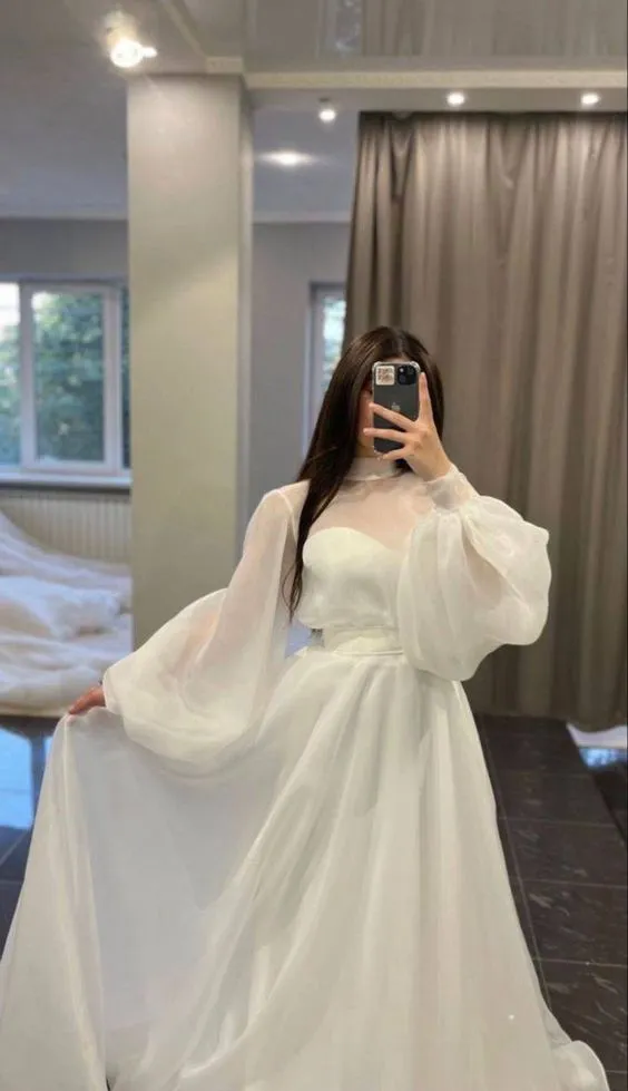 Diynav A line White Tulle Wedding Dresses With Long Sleeves HZ1017