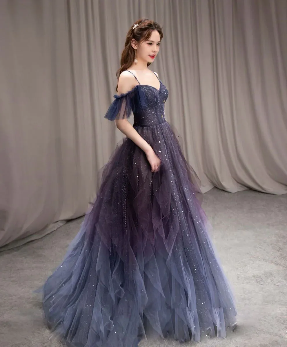 Diynav starry sky purple tulle long prom dress A-line evening dress HZ1017