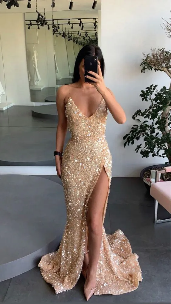 Diynav engagement dress spaghetti straps prom dress leg split sequins evening dress HZ1017