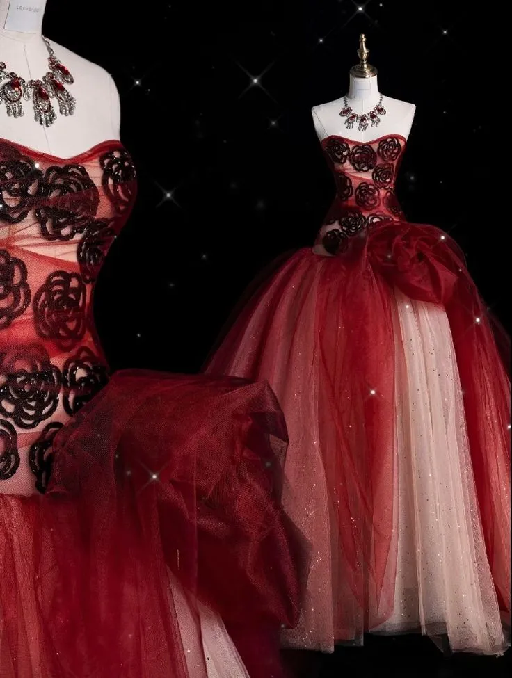 Diynav Burgundy Tulle Sequins Ball Gown Formal Prom Evening Dress HZ1017