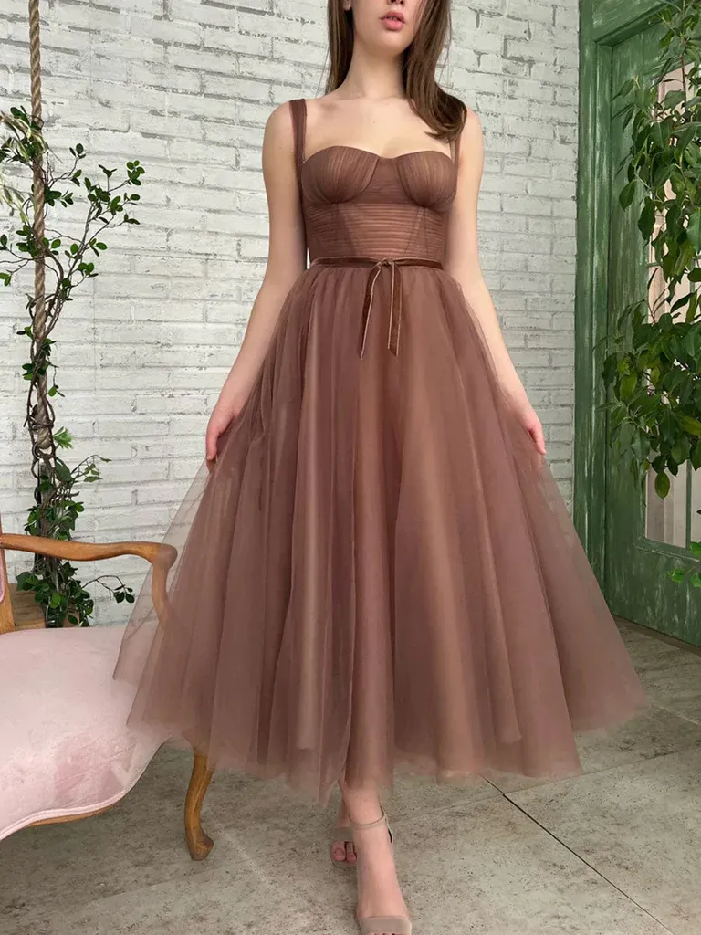 Diynav Tea Length Prom Dresses, Tea Length Brown Formal Homecoming Dresses HZ1017 - Image 3