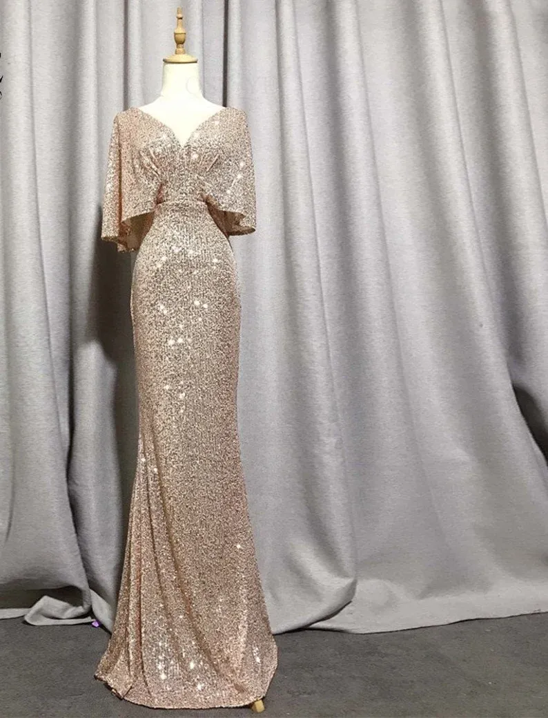 Diynav Short Sleeves Sexy V Neck Evening Dress, Elegant Glitter Bat Sleeves Formal Party Dress HZ1017