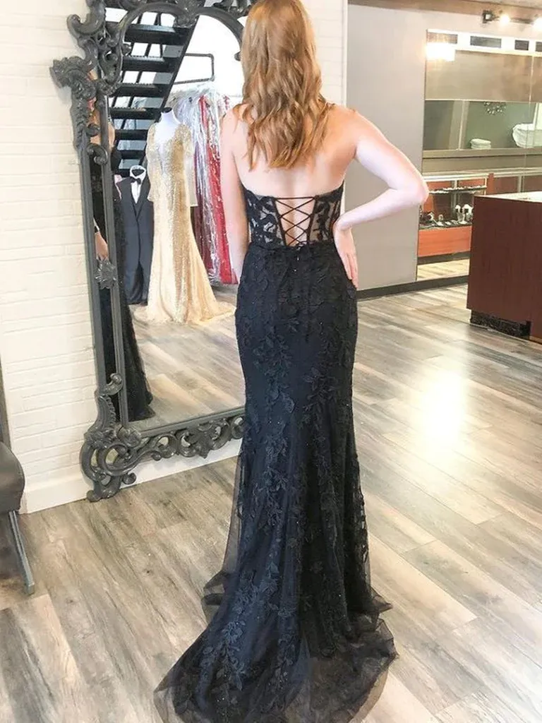 Diynav Open Back Black Lace Long Prom Dresses, Strapless Black Formal Dresses, Black Lace Evening Dresses HZ1017 - Image 2