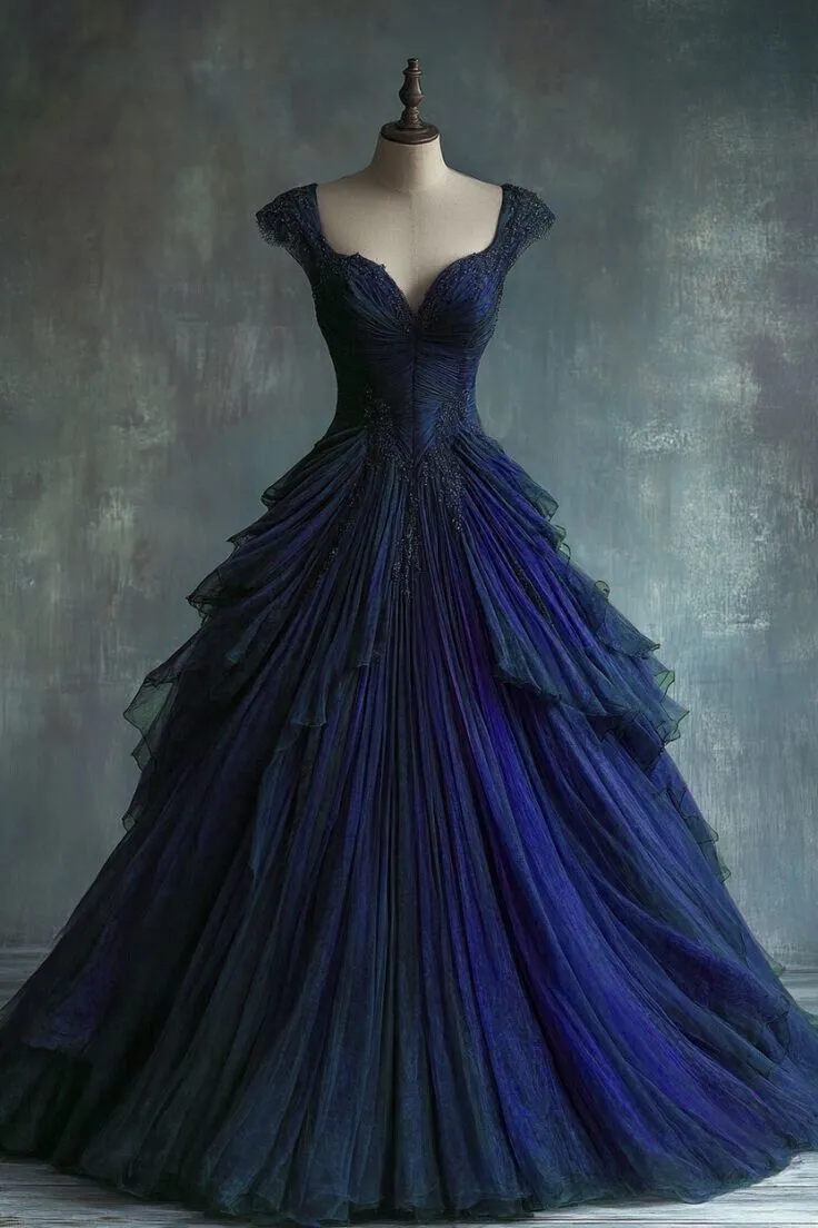 Diynav Blue Tulle Lace Ball Gown Formal A Line Quinceanera Dress HZ1017