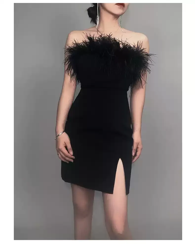 Diynav Womens Feather Off Shoulder Bandage Dresses Side Split Cocktail Party Bodycon Dress Black Short Homecoming Dress HZ1017