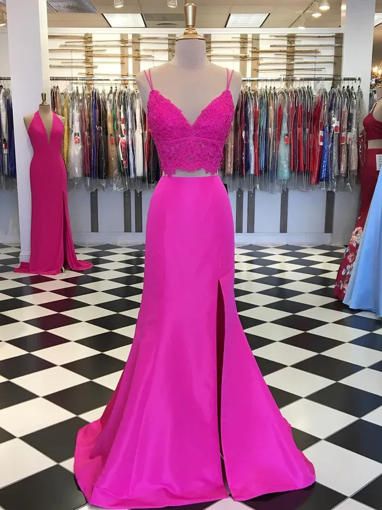 Diynav V Neck Two Pieces Mermaid Lace Top Satin Long Prom Dress with Slit, Mermaid Lace Fuchsia Formal Graduation Evening Dresses HZ1017