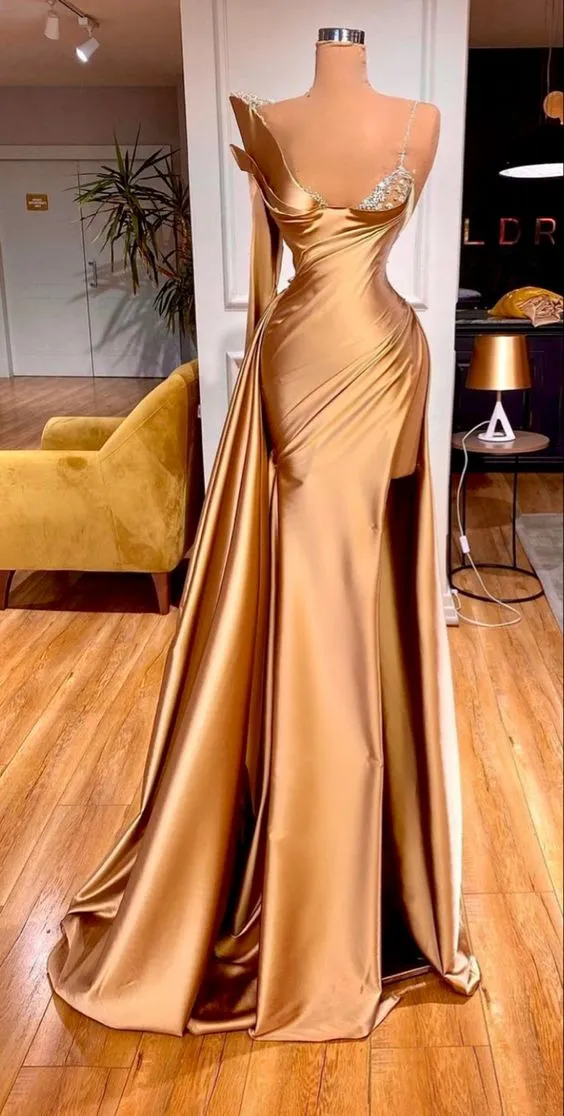 Diynav Womens Satin Mermaid Evening Dress Gold Crystal One Shoulder Prom Dress Custom Made HZ1017 - Image 2