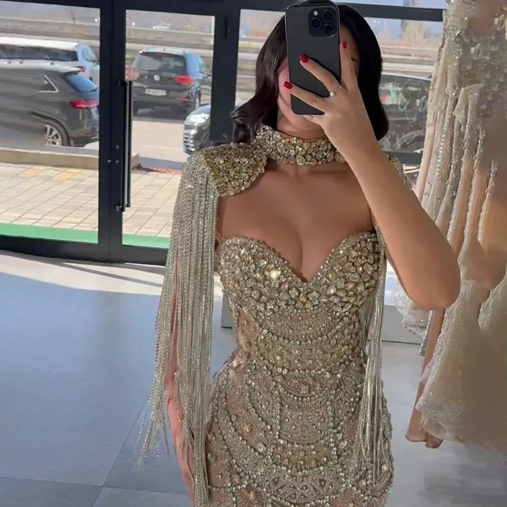 Diynav Nude Strapless Evening Gown with Beaded Tassel and Detachable Fringe Short Cape for Formal Occasion HZ1017