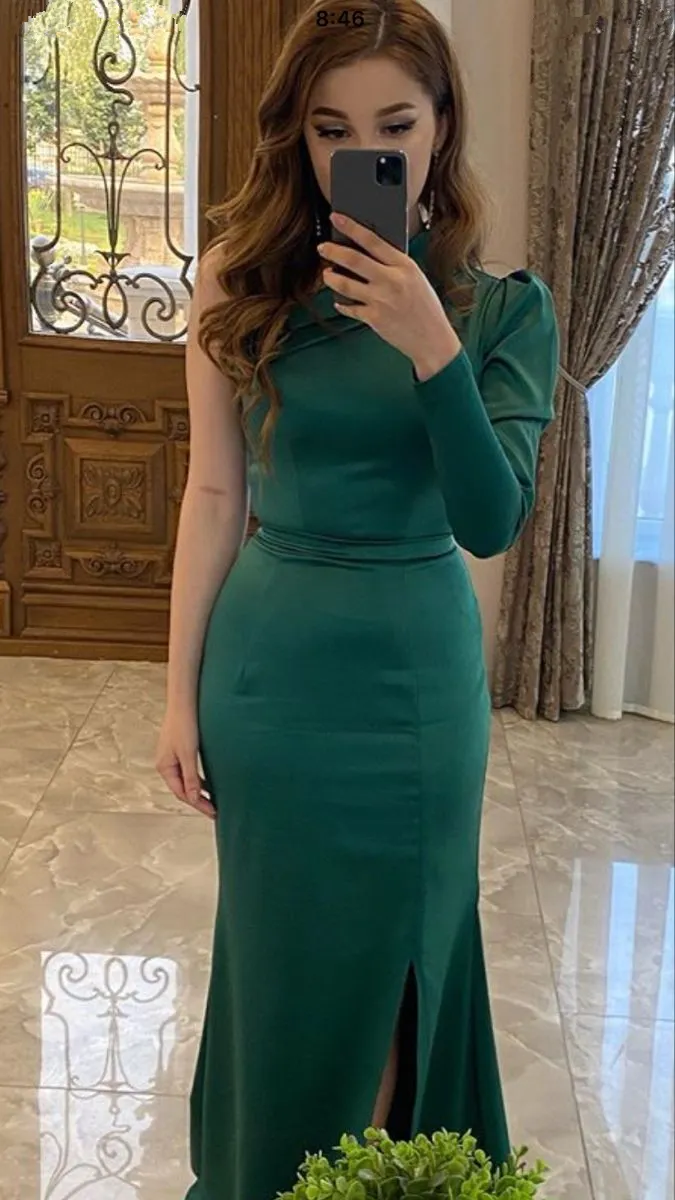 Diynav Green One Sleeve Mermaid Prom Dress Green Evening Gown HZ1017